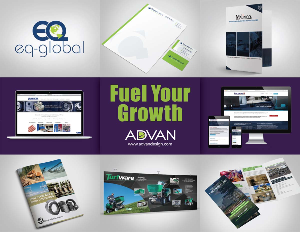 Fuel Your Growth with ADVAN Design, an Akron branding agency | Various examples of ADVAN's design portfolio.