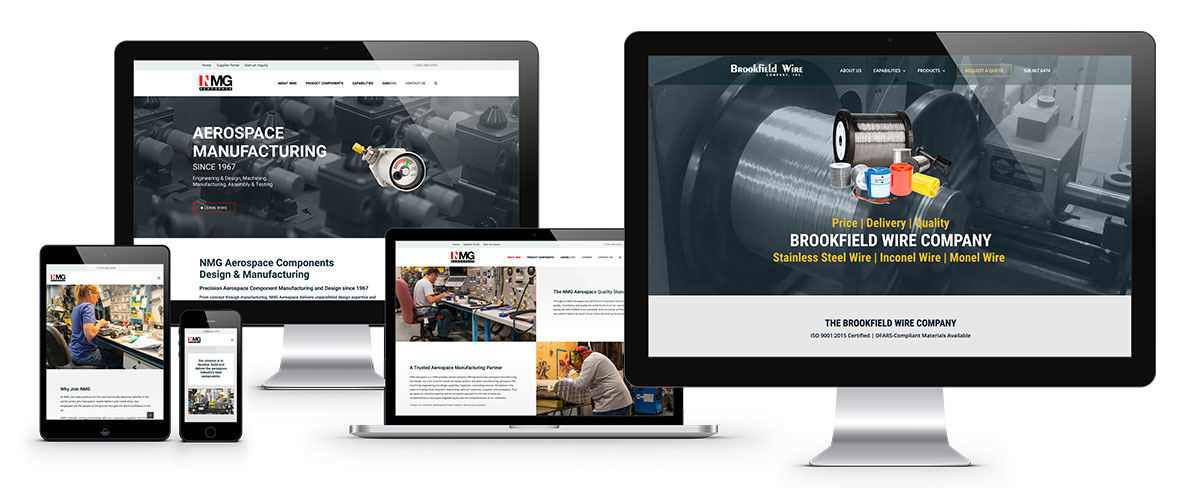 ADVAN website design examples for Brookfield Wire and NMG Aerospace displayed on desktop, laptop, and mobile | Fast graphic design services
